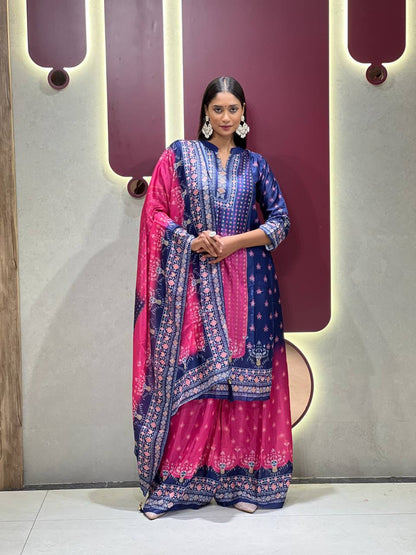 Stylish Chinon Fabric Dark Navy Blue Suit Set