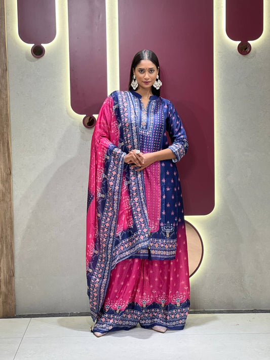 Stylish Chinon Fabric Dark Navy Blue Suit Set