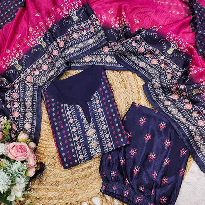 Stylish Chinon Fabric Dark Navy Blue Suit Set