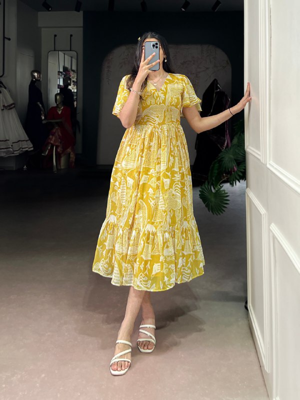 Heavy Georgette Printed Yellow Frock Dress