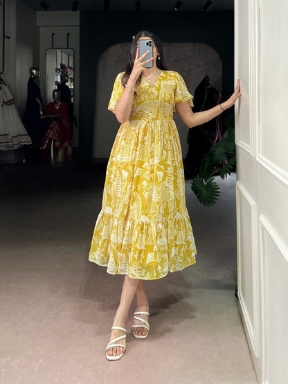Heavy Georgette Printed Yellow Frock Dress