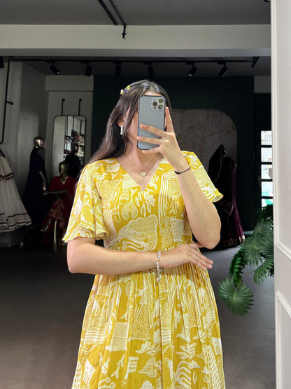 Heavy Georgette Printed Yellow Frock Dress