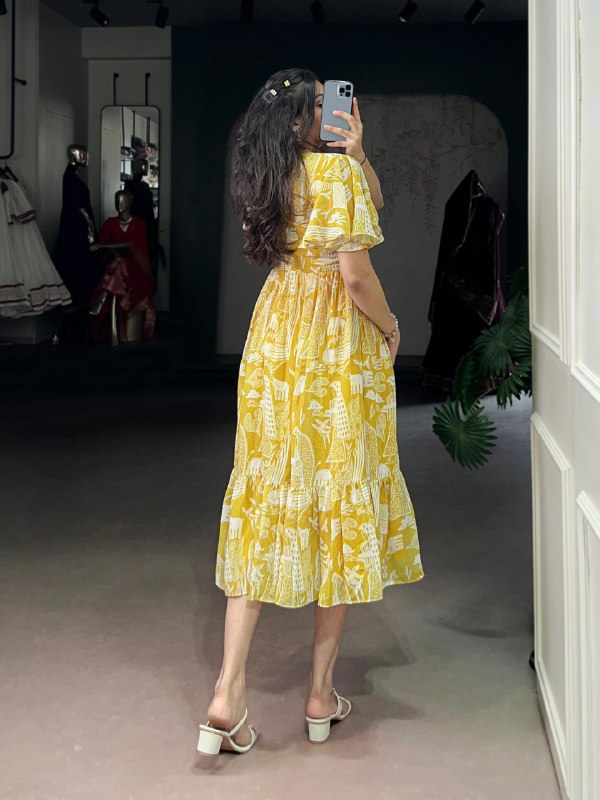 Heavy Georgette Printed Yellow Frock Dress