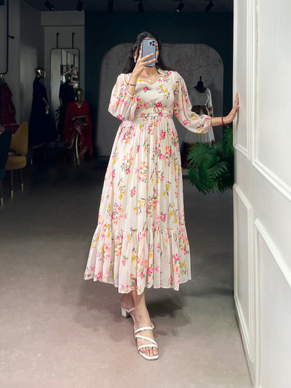 Designer Cream Color Floral Print Dress