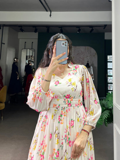 Designer Cream Color Floral Print Dress