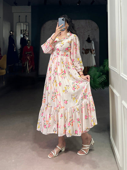 Designer Cream Color Floral Print Dress