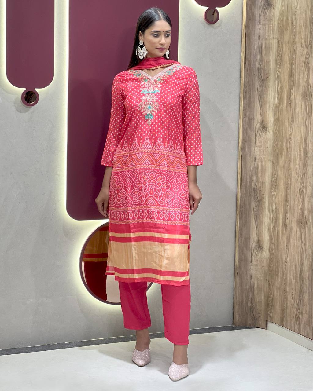 Classic Bandhani Style Red Chinnon Suit Set