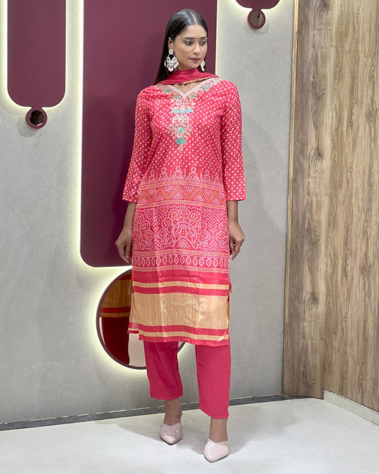 Classic Bandhani Style Red Chinnon Suit Set