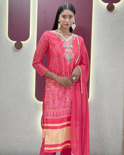 Classic Bandhani Style Red Chinnon Suit Set