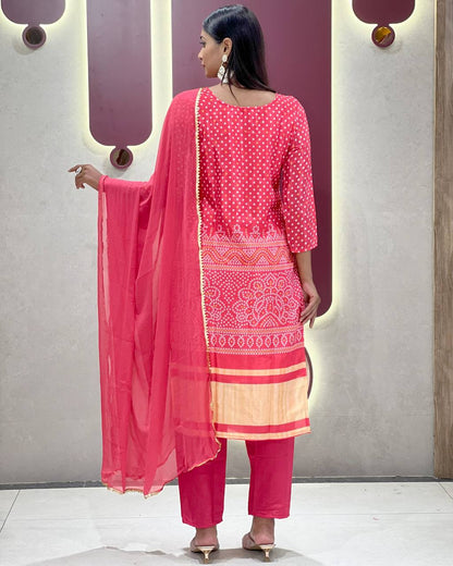 Classic Bandhani Style Red Chinnon Suit Set