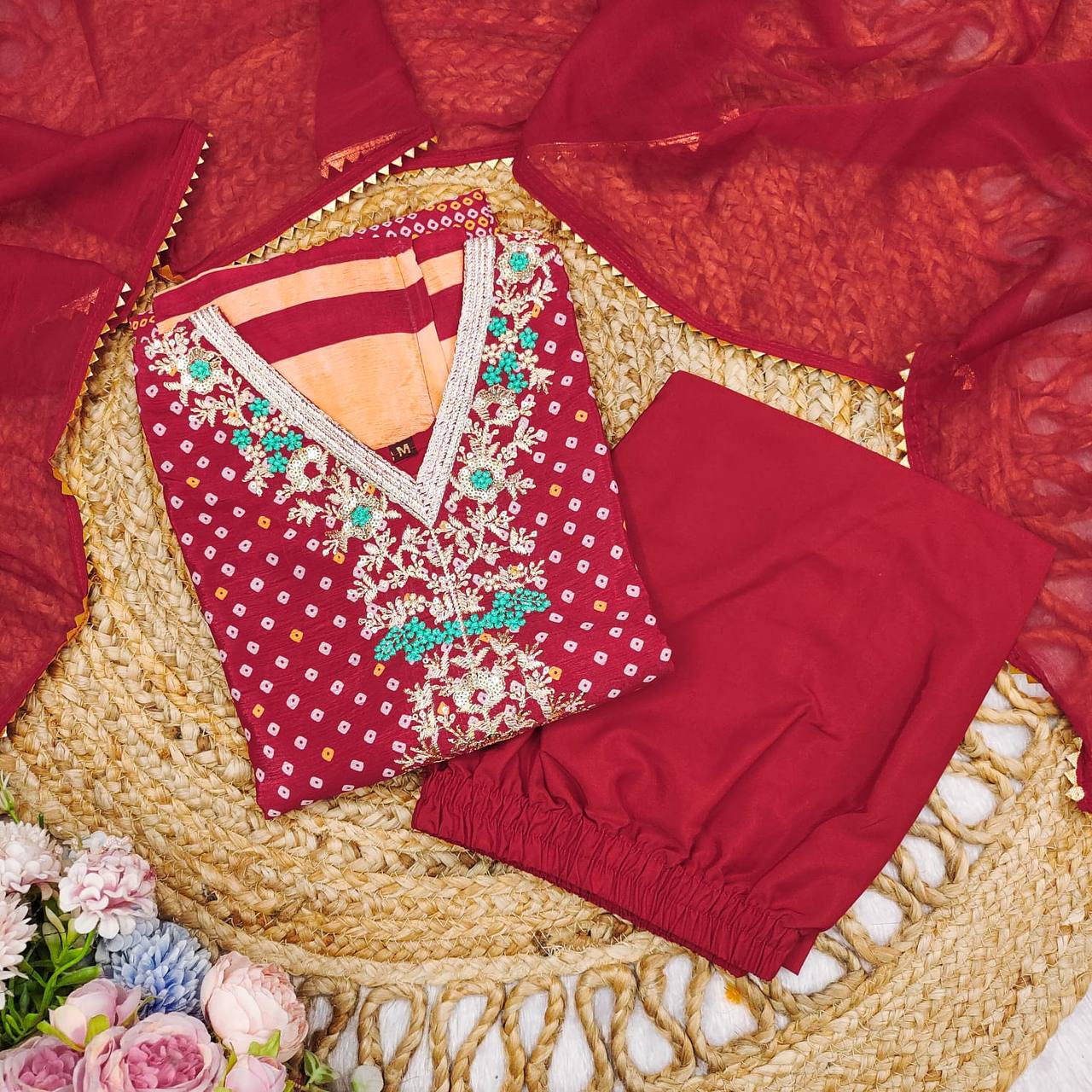 Classic Bandhani Style Red Chinnon Suit Set