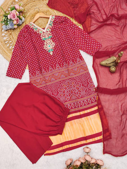 Classic Bandhani Style Red Chinnon Suit Set