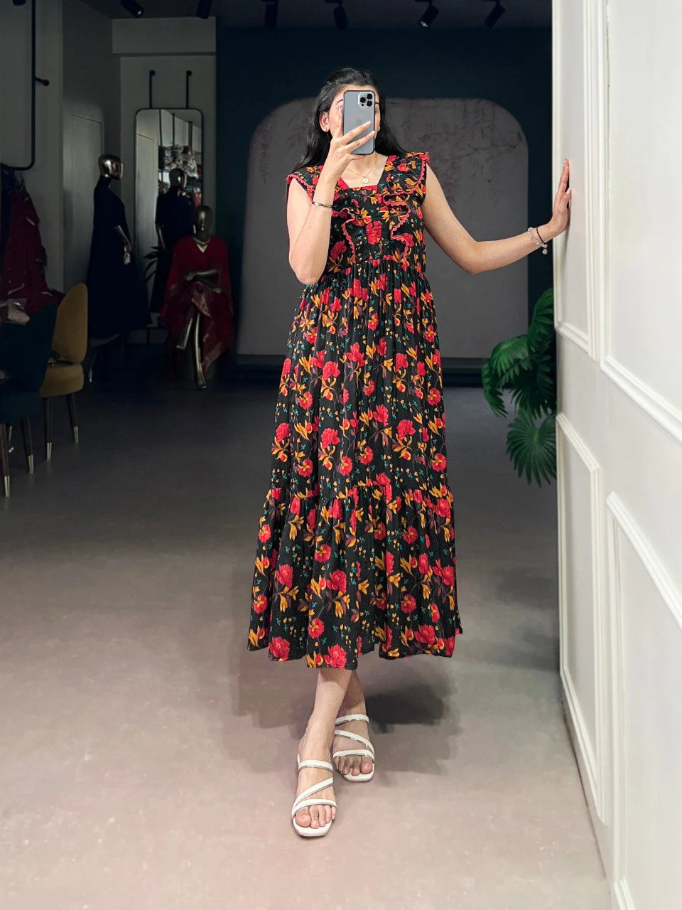 Latest Floral Print Design Maslin Silk Dress for Womens