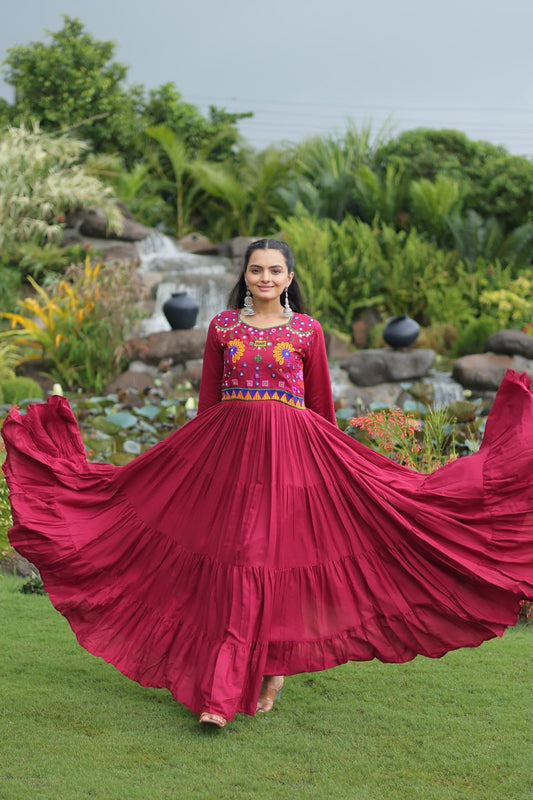 Designer Rayon Kutchi Work Marron Navratri Gown