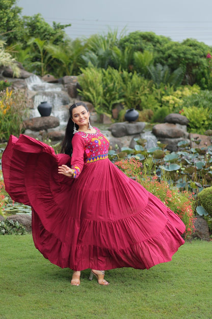 Designer Rayon Kutchi Work Marron Navratri Gown