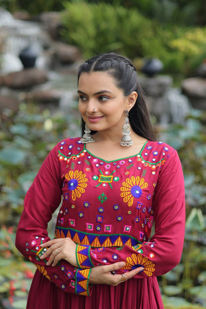 Designer Rayon Kutchi Work Marron Navratri Gown