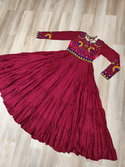 Designer Rayon Kutchi Work Marron Navratri Gown