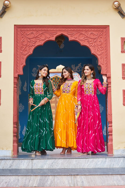 Laheriya Print with Kutchi Work Faux Georgette Navratri Gown