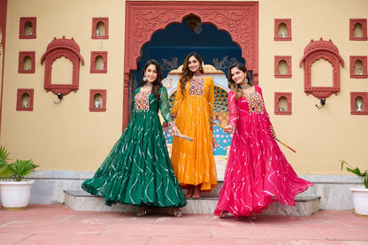 Laheriya Print with Kutchi Work Faux Georgette Navratri Gown