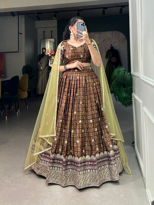 Embroidered Chinon Lehenga Choli with Digital Print & Lace Dupatta