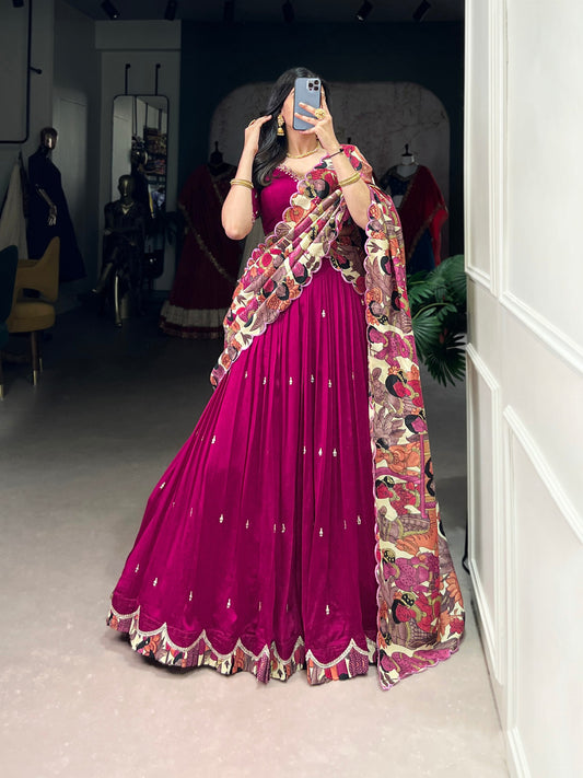 Designer Vichitra Silk Lehenga Choli with Kalamkari Border & Foil Work Dupatta