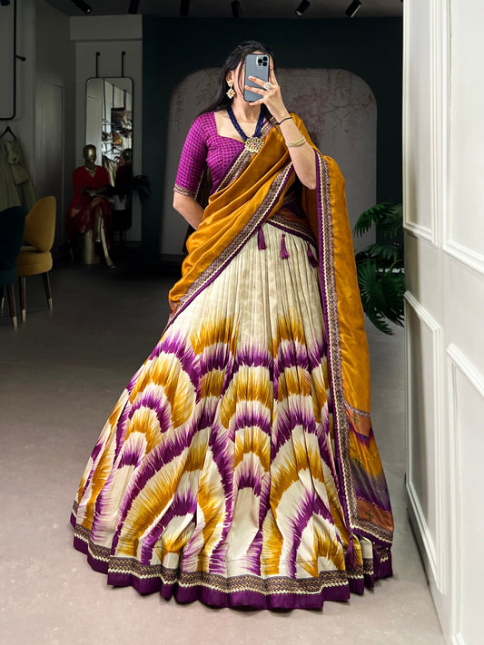 Designer Tasar Silk Lehenga Choli with Tie & Dye Print and Lace Border