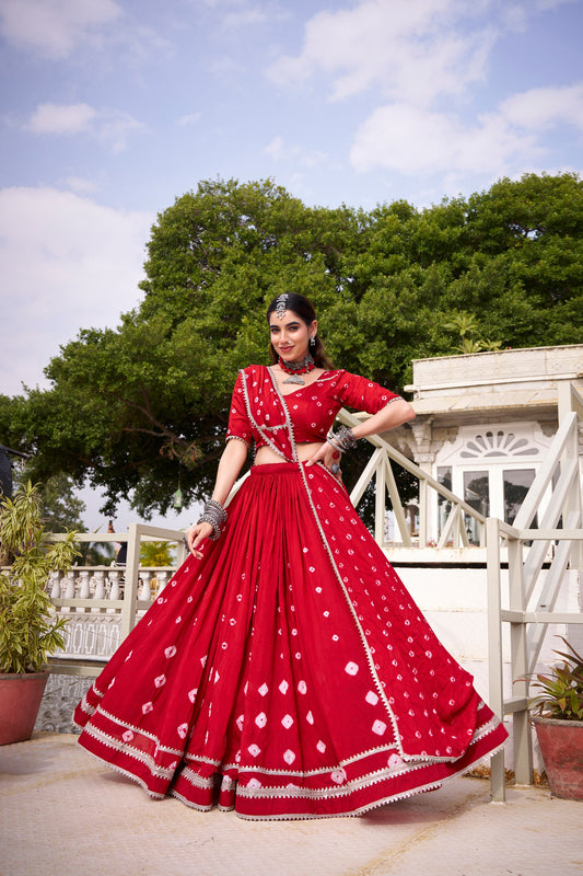 Stitched Pure Chanderi Lehenga Choli with Bandhej Print & Matching Dupatta