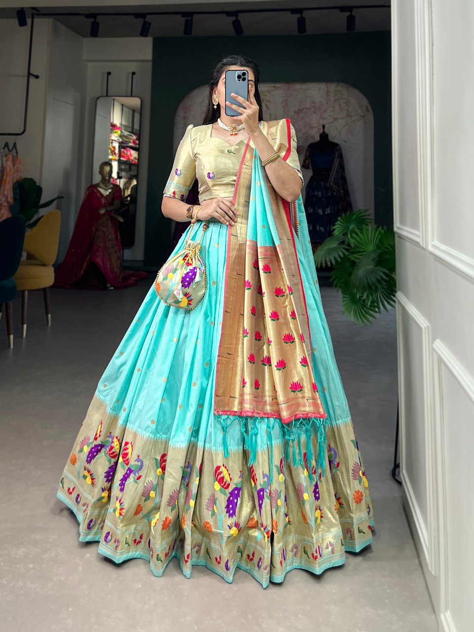 Paithani Jacquard Zari Weaving Lehenga Set