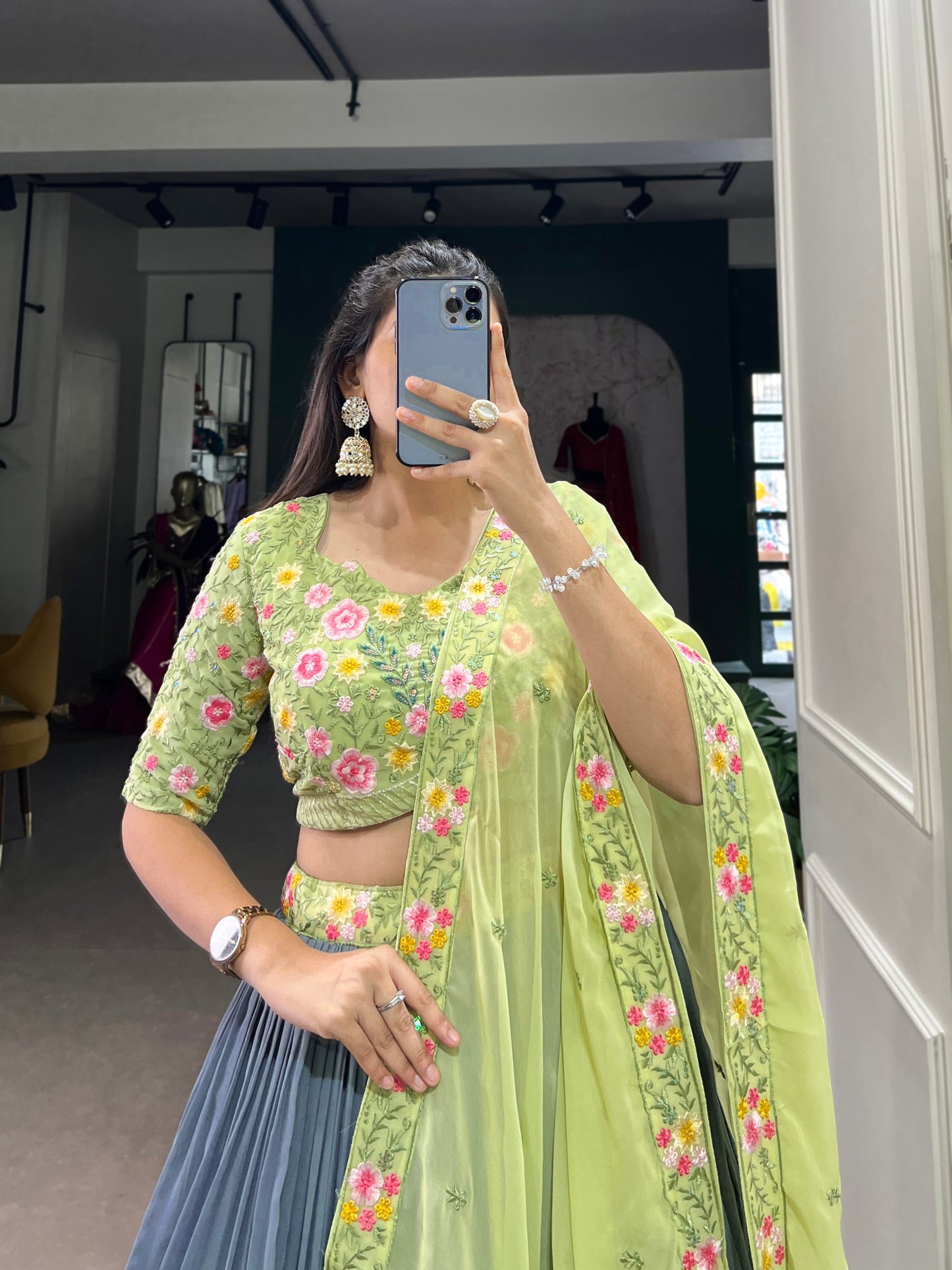 Wedding Georgette Sequins Embroidery Lehenga