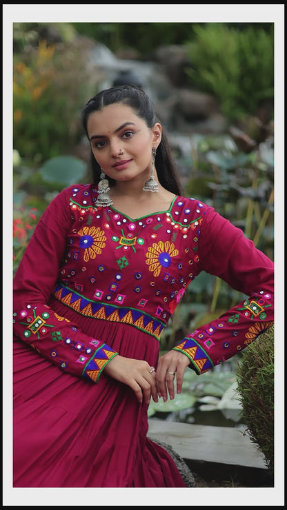 Designer Rayon Kutchi Work Marron Navratri Gown